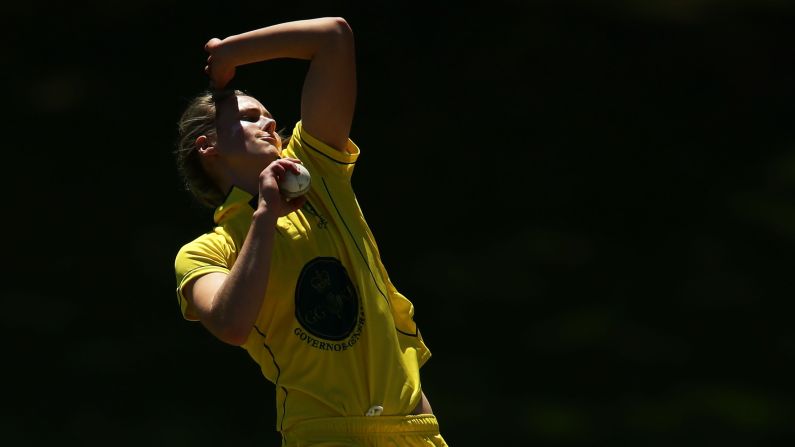 Australian cricket player Ellyse Perry, representing the Governor-General's XI, bowls against South Africa during a match in Sydney on Sunday, November 13.