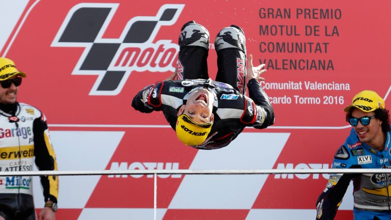 Moto2 world champion Johann Zarco does a backflip on the podium after winning the Valencia Grand Prix, the last race of the season, on Sunday, November 13.