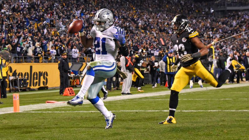 Dallas running back Ezekiel Elliott dances into the end zone after scoring the game-winning touchdown at Pittsburgh on Sunday, November 13. The Cowboys won 35-30 to improve their record to 8-1. Elliott, a rookie, leads the NFL in rushing yards (1,005).