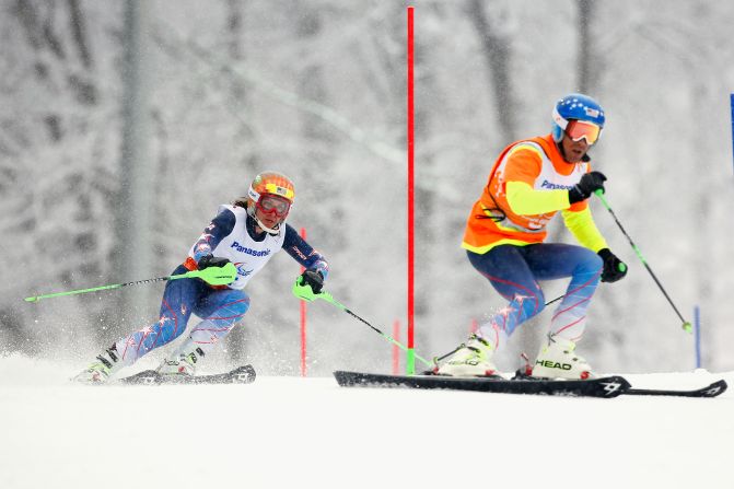 Visually impaired US Paralympic alpine skier Danelle Umstead completely relies on her guide, husband Rob, to direct her down the slopes. Pictured, Danelle and Rob, at the Sochi 2014 Paralympic Winter Games.