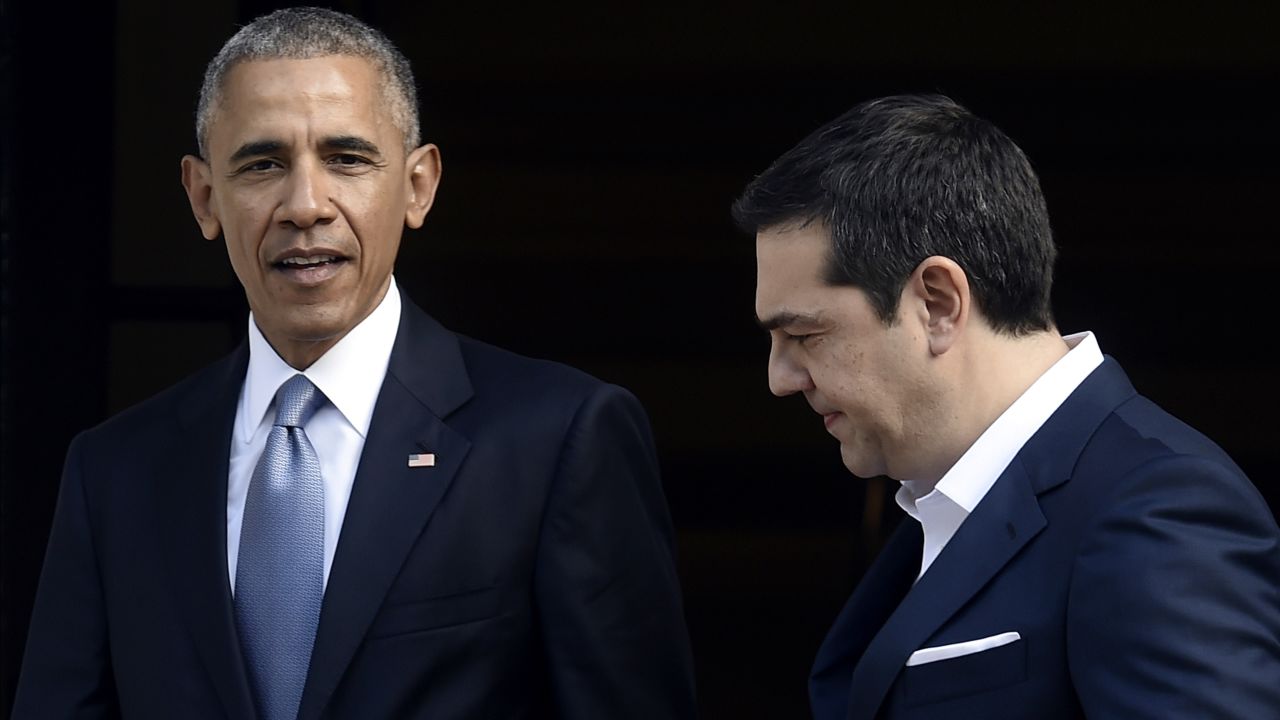 Tsipras welcomes Obama before formal talks in Athens on November 15.