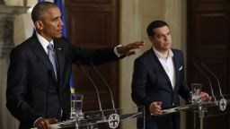 President Barack Obama and Greek Prime Minister Alexis Tsipras participate in a joint news conference at Maximos Mansion in Athens, Tuesday, November 15. 