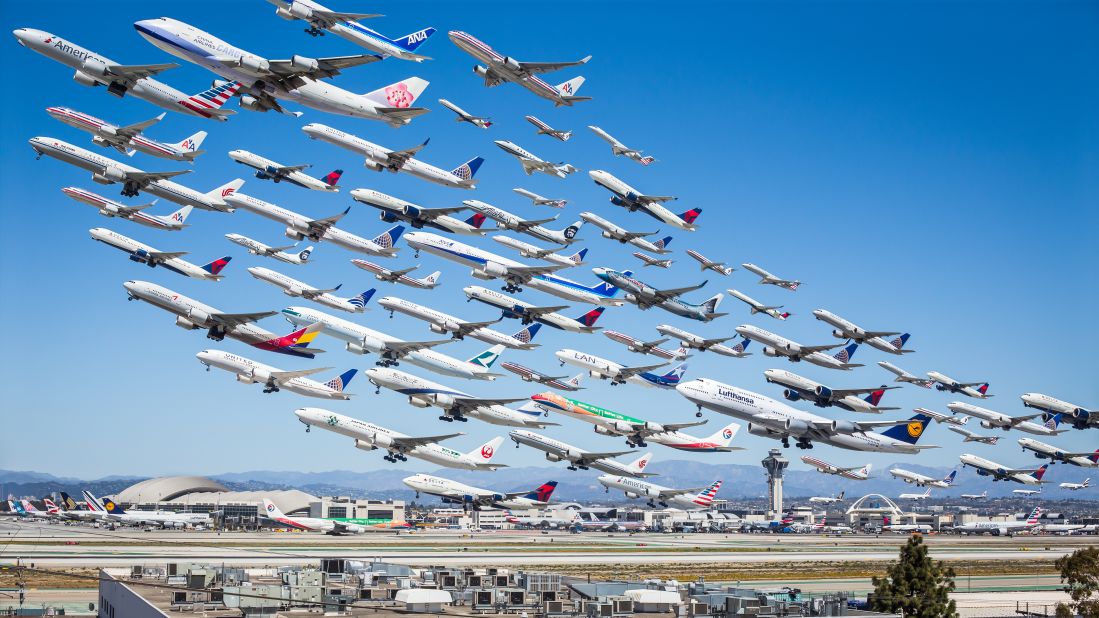 This composite by Mike Kelley shows a selection of the planes that departed from Los Angeles International Airport in a single day. (There were nearly 400 images for him to choose from.) 