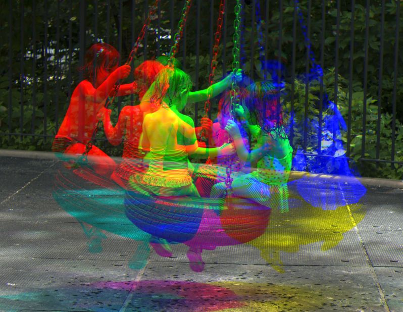 The Harris shutter technique used here sees the same frame exposed three times, with a different colored filter applied each time.  