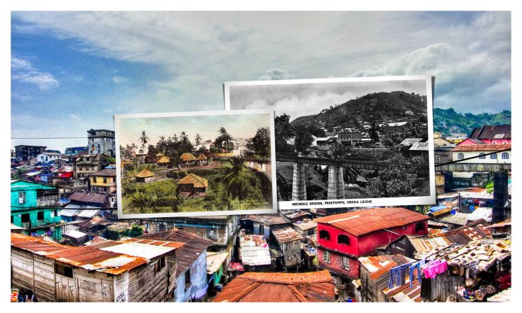 Placing colonial-era postcards depicting Freetown Sierra Leone over images of the city today, Babak Fakhamzadeh shows how the city has changed. 