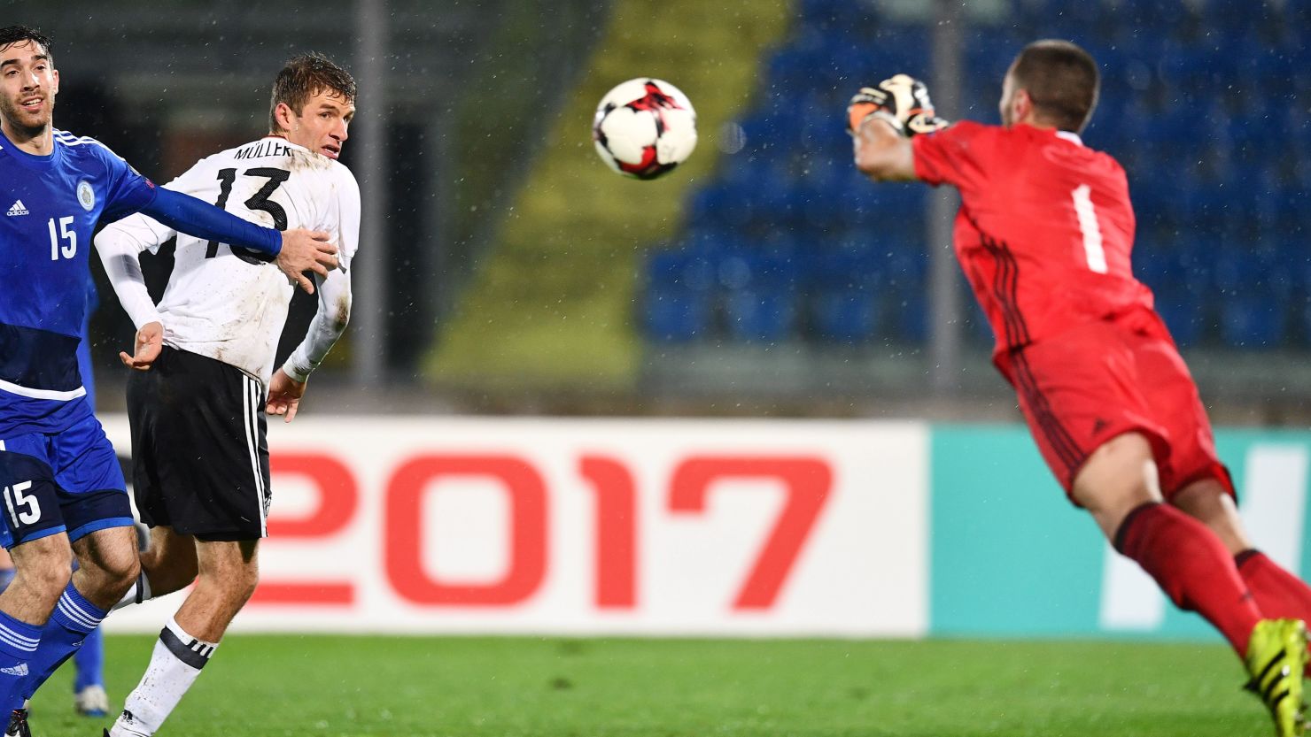 Thomas Mueller (center) didn't score in Germany's 8-0 win over San Marino.