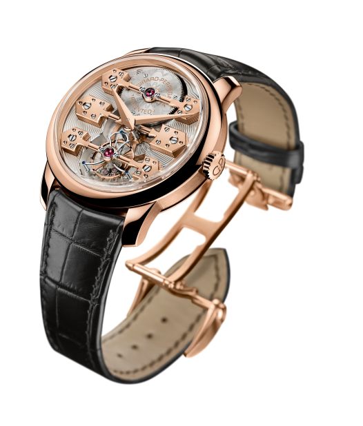 The Tourbillon Watch Prize 2016 was won by the Esmeralda Tourbillon from Girard-Perregaux. The pink gold time piece is inspired by the Tourbillon with Three Gold Bridges pocket chronometer that won the gold medal at the Universal Exhibition in Paris in 1889. 