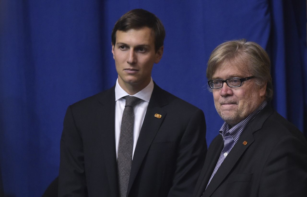 Bannon stands next to Jared Kushner, Trump's son-in-law, at a Trump rally in Canton, Ohio, in September 2016. Bannon frequently butted heads with other White House advisers, feuding with Kushner, chief economic adviser Gary Cohn and other more moderate members of the administration.