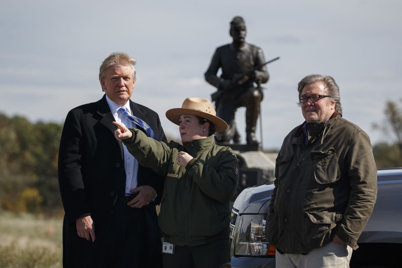 Park ranger Caitlin Kostic gives Trump and Bannon a tour of the Gettysburg National Military Park in Gettysburg, Pennsylvania, in October 2016.