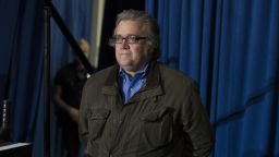 FILE - In this Saturday, Nov. 5, 2016, file photo, Stephen Bannon, campaign CEO for Republican presidential candidate Donald Trump, looks on as Trump speaks during a campaign rally in Denver. Following the installation of Breitbart's chief executive, Bannon, to a top job in President-elect Trump's administration, the news organization in its infancy when Barack Obama took office has big expansion plans and the goal of being the best source of news on the new administration. (AP Photo/Evan Vucci, File)