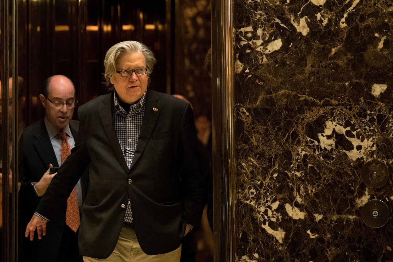 Bannon exits a Trump Tower elevator in New York in November 2016.
