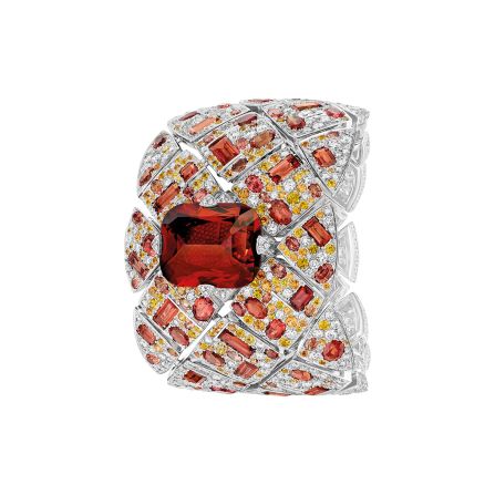 Chanel took home the Jewellery Watch Prize at the 2016 GPHG awards ceremony for its spectacular, single-edition Secret Watch "Signature Grenat". The 18-carat white gold watch sells for more than $750,000, and features a 52.61 carat carmine garnet surrounded by diamonds and orange sapphires. 