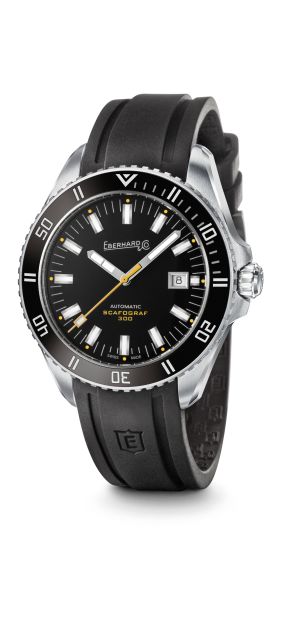 Awarded the Sports Watch Prize, the steel and rubber Scafograf 300 from Eberhard & Co. is water proof to 300 meters, with a shock-resistant case. It features an engraved starfish on its back. 