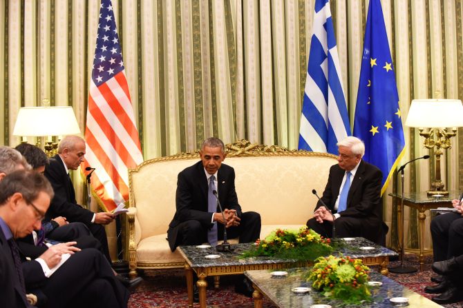 Obama meets with Greek President Prokopis Pavlopoulos at the presidential mansion in Athens on Tuesday, November 15. <a href="index.php?page=&url=http%3A%2F%2Fwww.cnn.com%2F2016%2F11%2F15%2Fpolitics%2Fobama-greece-news-conference%2Findex.html">Obama called Greece a "reliable ally"</a> in its commitment to NATO, even as the country faces tremendous strain from its debt crisis.