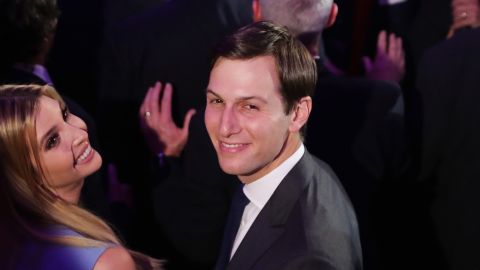 Jared Kushner and his wife Ivanka Trump acknowledge the crowd at the New York Hilton Midtown in the early morning hours of November 9, 2016 in New York City.