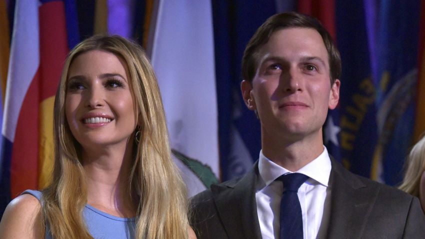 (FromL) Ivanka Trump, her husband Jared Kushner and Tiffany Trump smile as Republican presidential elect Donald Trump speaks during election night at the New York Hilton Midtown in New York on November 9, 2016. 
Trump stunned America and the world Wednesday, riding a wave of populist resentment to defeat Hillary Clinton in the race to become the 45th president of the United States. / AFP / MANDEL NGAN        (Photo credit should read MANDEL NGAN/AFP/Getty Images)