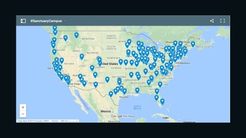 An unofficial map shows locations of schools that students want designated as sanctuary campuses.