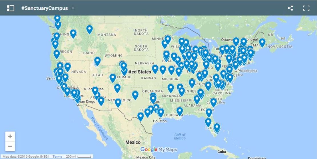 An unofficial map shows locations of schools that students want designated as sanctuary campuses.