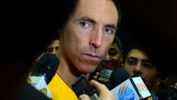 Steve Nash of the NBA's Los Angeles Lakers takes questions while surrounded by the press on media day in El Segundo, California on September 29, 2014. The Los Angeles Lakers will open their season on October 29 against the Houston Rockets. AFP PHOTO / Frederic J. BROWN        (Photo credit should read FREDERIC J. BROWN/AFP/Getty Images)