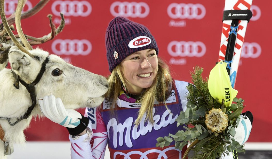 Mikaela Shiffrin meets her reindeer after winning the women's slalom event at the Alpine Skiing World Cup in Levi, Finland.