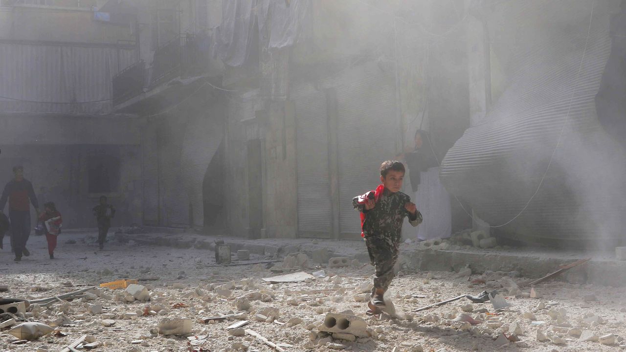 A child in the aftermath of regime airstrikes in the Salaheddin neighborhood of Aleppo.