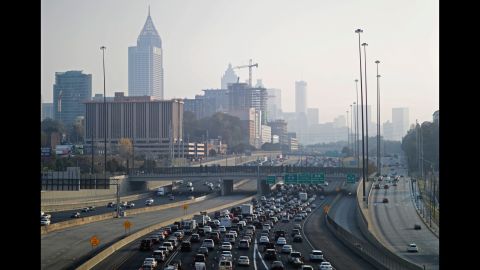 A haze hovers over the Atlanta skyline from a wildfire burning in the northwest part of Georgia on November 14.