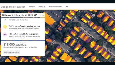 Google Project Sunroof estimates that a roof in the city of Somerville, Massachusetts experiences 1,479 hours of usable sunlight per year. This amounts to an estimated $18,000 in net savings for the roof with a 20-year lease.