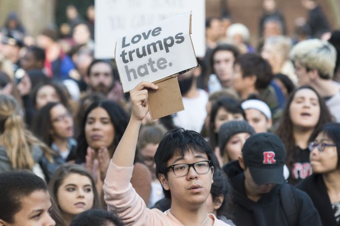 Nearly 1,000 students and faculty members at Rutgers University staged a rally in downtown New Brunswick, New Jersey, to protest President-elect Donald Trump on Wednesday, November 16. <a href="index.php?page=&url=http%3A%2F%2Fwww.cnn.com%2F2016%2F11%2F10%2Fpolitics%2Felection-results-reaction-streets%2Findex.html" target="_blank">At least 25 US cities</a> have seen protests since Trump won the presidential election.