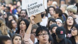 As part of a nationwide series of university student walkouts in protest of Republican President-elect Donald J. Trump's proposed policy initiatives regarding immigration and the deportation of criminal undocumented immigrants, nearly a thousand students and faculty members at Rutgers University staged a rally and march in downtown New Brunswick, NJ on November 16, 2016. (Photo by Albin Lohr-Jones) *** Please Use Credit from Credit Field **