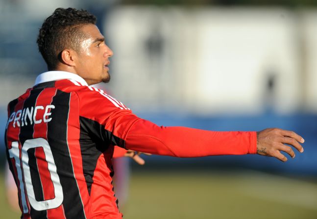 AC Milan's former Ghanaian defender Kevin-Prince Boateng picked up the ball, kicked it towards the stands and walked off the pitch during a friendly against Pro Patria in Busto Arsizio on January 3, 2013 because of racists chants from home supporters. "Shame that these things still happen," the 25-year-old German-born Ghanaian player said on his Twitter account. The match was stopped in the 26th minute when he led his team off the pitch.