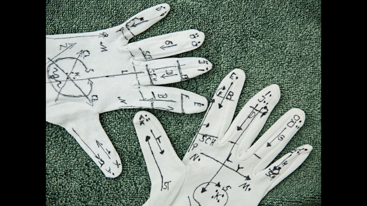 Jörg and Rolf´s parents drew the Lorm alphabet on gloves. The Lorm alphabet was developed by Hiernoymus Lorm in 1881 to enable communication with deaf-blind people.
