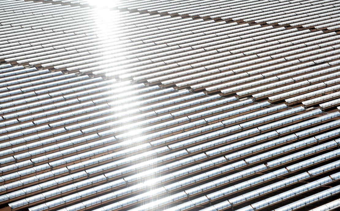 An aerial view of the solar mirrors at the Noor 1 Concentrated Solar Power plant, 12.5 miles outside the central Moroccan town of Ouarzazate.