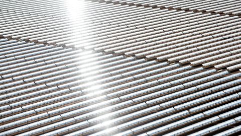 An aerial view of the solar mirrors at the Noor 1 Concentrated Solar Power plant, 12.5 miles outside the central Moroccan town of Ouarzazate.