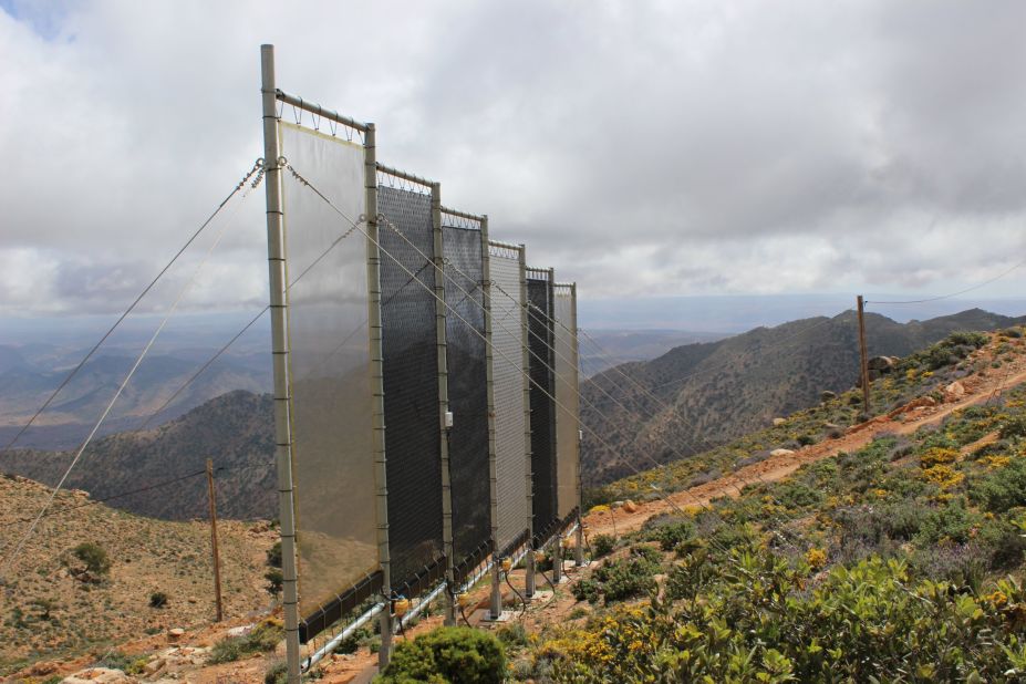 In a mountainous area on the edge of the Sahara in Southwest Morocco, large mesh nets capture clouds of fog and condense it into clean drinking water.