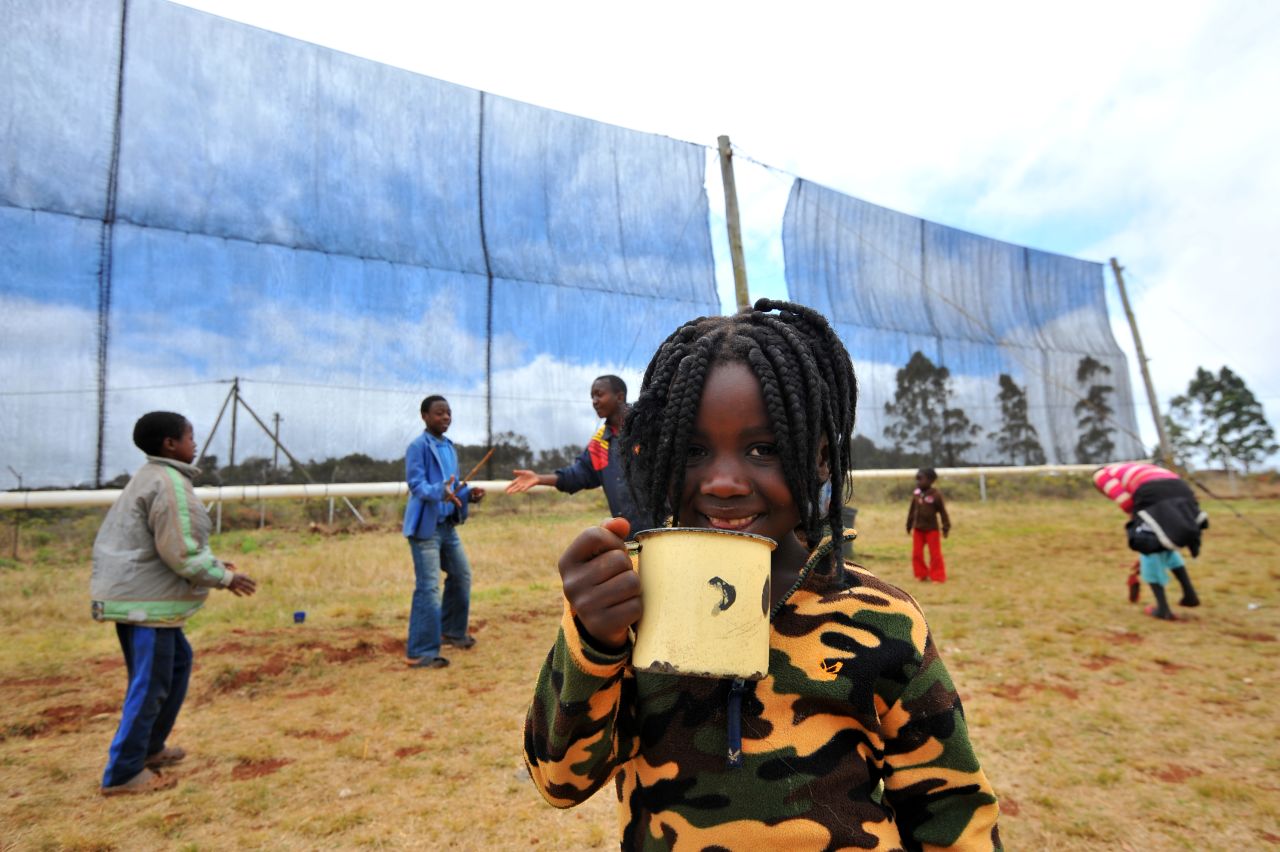 Pictured here, a child drinks a glass of water caught by the fog nets at Tshiavha primary school in Limpopo, in 2011. 
