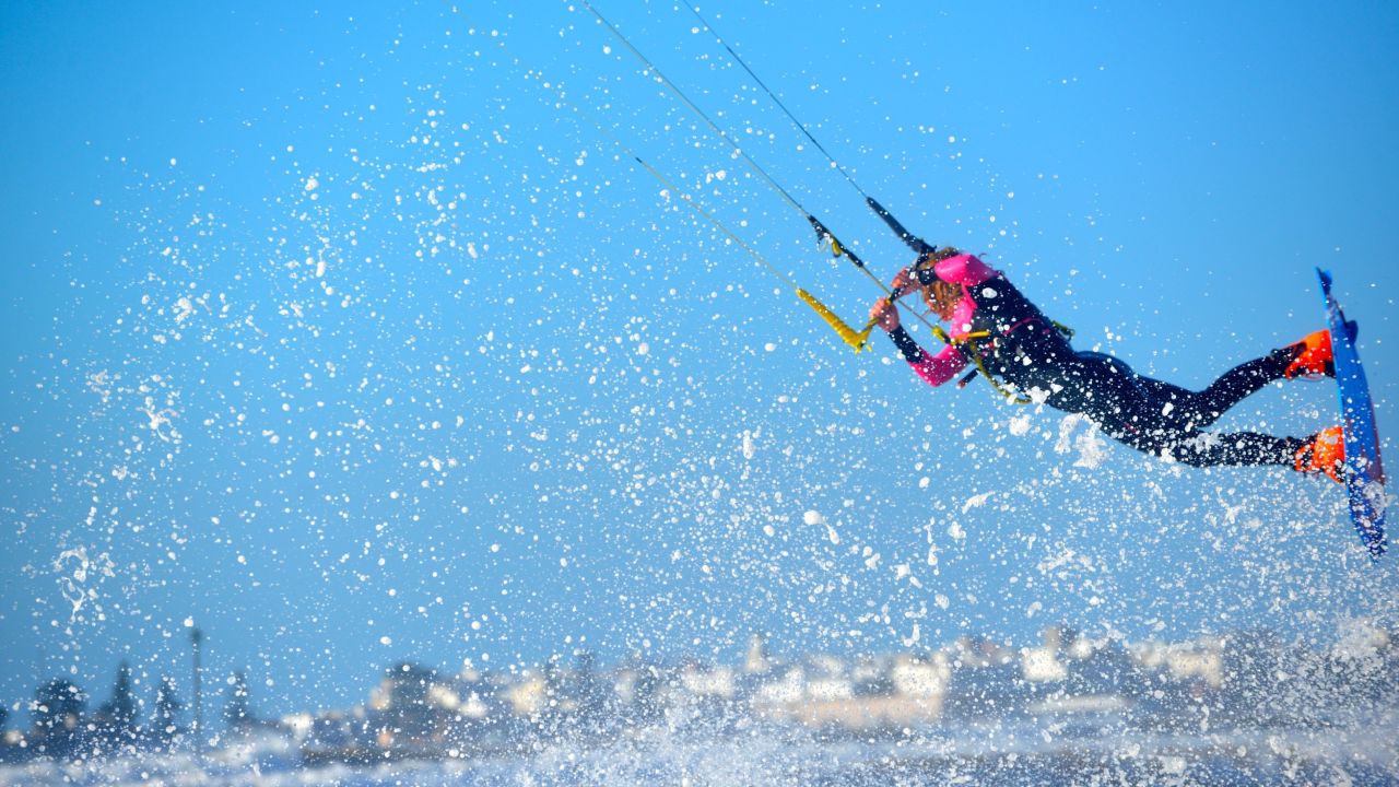 A kitesurfer catches some air off the coast of Essaouira.