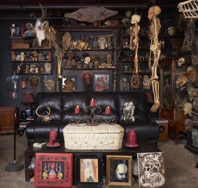 Bones, bones everywhere. Tattoo artist Paul Booth considers himself a "decorator of the macabre." His interest in collecting was sparked by his travels. He would often find strange and unusual items when visiting antique stores and mortuaries in small European cities. 