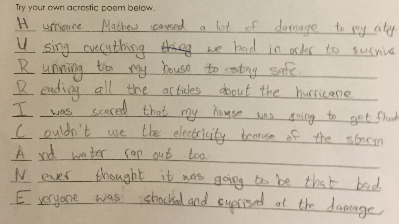 A Lumberton Junior High School student lays out his feelings on Matthew in an acrostic poem.
