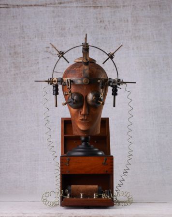 Steve Erenberg, whose dad is also a collector of morbid curiosities, is particularly interested in early electrical devices, like this bizarre helmet. In the early 20th century, a spa-goer would wear this to receive low-voltage shocks to their entire face. 