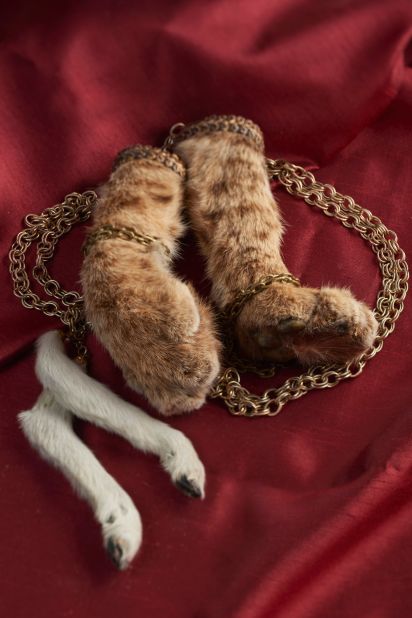 These necklaces -- one of bob cat paws, the other of lamb legs -- belong to Danielle Deveroux, an artist and the owner of the Creeper Gallery in New Hope, Pennsylvania. 