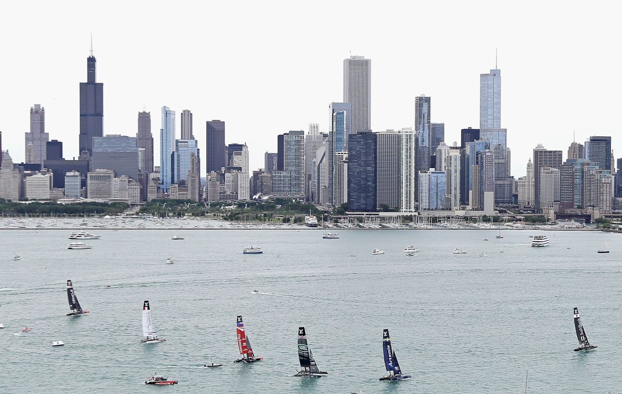 Competitors pictured in the first freshwater races in the event's history on Lake Michigan in June.