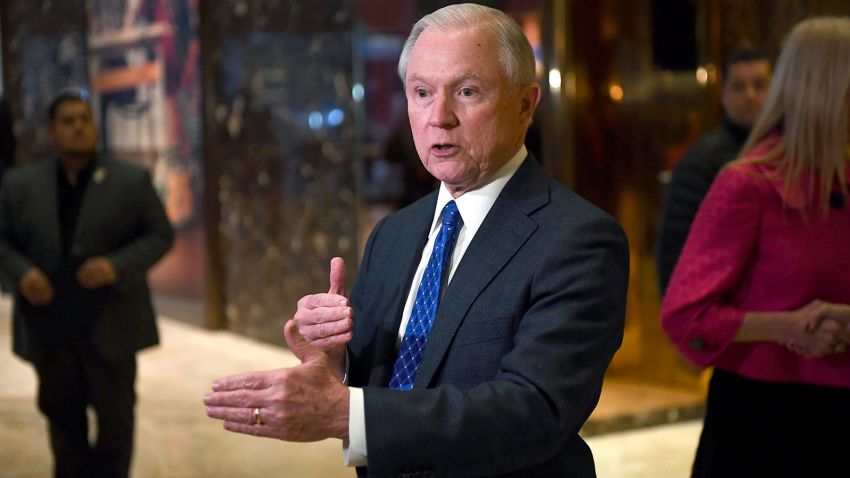Senator Jeff Sessions of Alabama talks to the media at the Trump Tower in New York on November 17, 2016. 