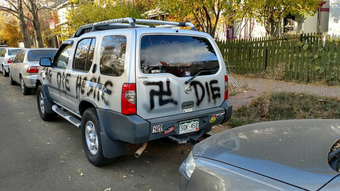 The vehicle of a transgender woman in Denver was spray-painted with a swastika and the words "Trump" and "die."