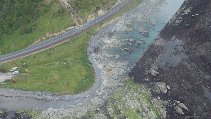 Aerial photographs show the seabed uplift north of Kaikoura