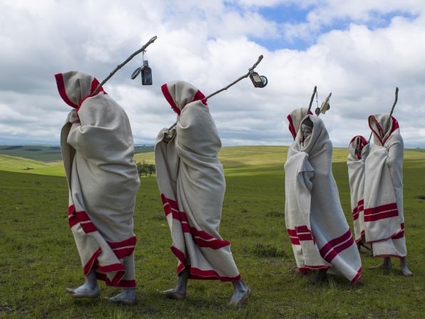 In Eastern Cape, South Africa, young Xhosa men take part in a coming of age initiation called<em> Ulwaluko</em>. The youths, known as <em>abakhwetha</em>, are first circumcised without anesthetic, and must live in the bush with minimal supplies. Wearing white clay on their faces, initiates will fend for themselves for up to two months, living in a structure built by the village's adult community specifically for<em> Ulwaluko</em>. Upon their return they are no longer referred to as "boy" and receive a new blanket. The initiation has not been without its criticisms, due to <a href="index.php?page=&url=http%3A%2F%2Fwww.bbc.co.uk%2Fnews%2Fworld-africa-19256839" target="_blank" target="_blank">complications and malpractice</a> surrounding the circumcision process.