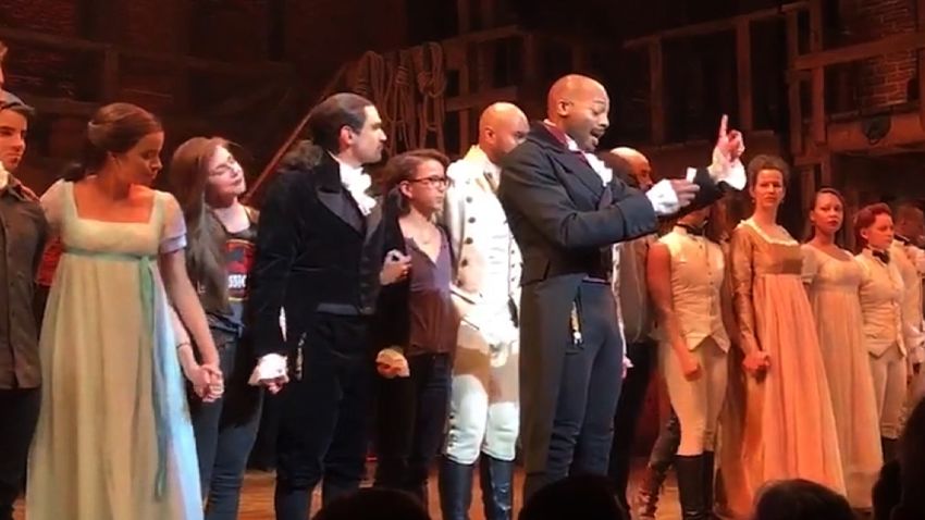 Brandon Victor Dixon delivers his remarks to then Vice President-Elect Mike Pence.