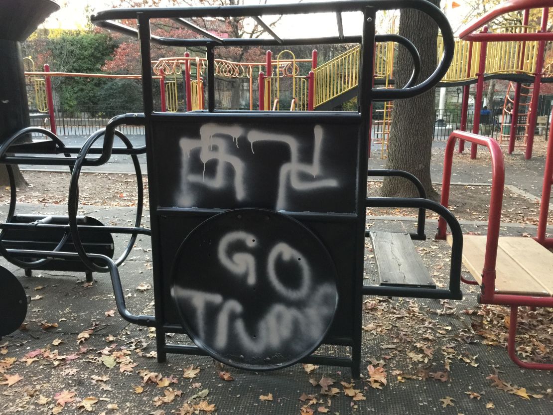Swastikas and the words "Go Trump" were painted on playground equipment at Adam Yauch Park in Brooklyn, police say.
