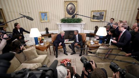 Trump shakes hands with President Barack Obama following <a href="http://www.cnn.com/2016/11/10/politics/donald-trump-obama-paul-ryan-washington/" target="_blank">a meeting in the Oval Office</a> on November 10. Obama told his successor that he wanted him to succeed and would do everything he could to ensure a smooth transition.