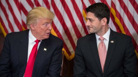 Ryan listens as Trump speaks to the press at the US Capitol on November 10. Trump <a href="http://www.cnn.com/2016/11/10/politics/donald-trump-paul-ryan-meeting/" target="_blank">talked about his eagerness to join forces with Ryan</a> to begin implementing new policies.