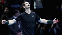 Andy Murray of Great Britain celebrates defeating Milos Raonic of Canada in their men's singles semi final on day seven of the ATP World Tour Finals at O2 Arena on November 19 in London, England.